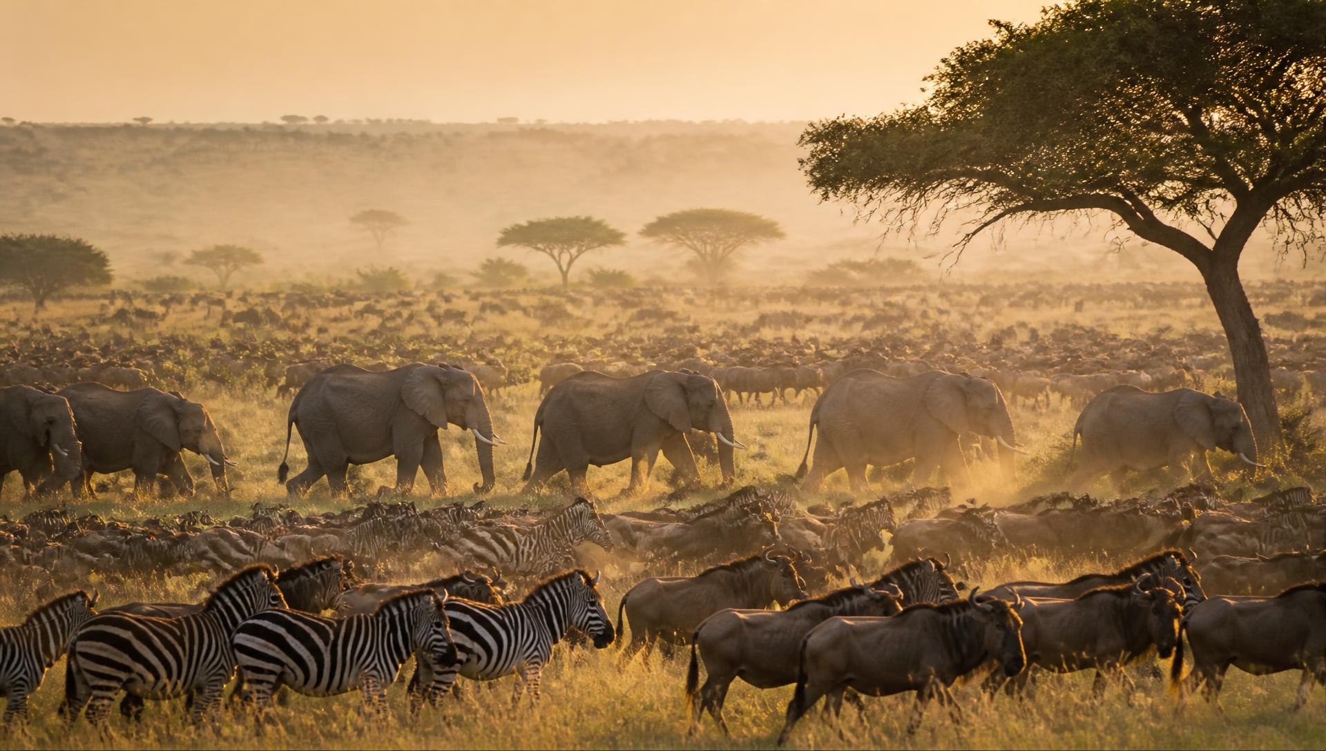 Great herds of wildebeest, zebra and elephant crossing golden savannah with lions on a rock at dawn